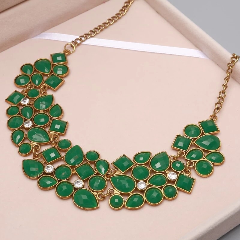 New! Green Adjustable Bib Necklace With Crystals